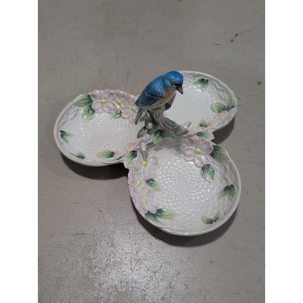 1990 Fitz & Floyd Bluebird Dogwood Flower Woven Design 3 Dish Serving Tray 12